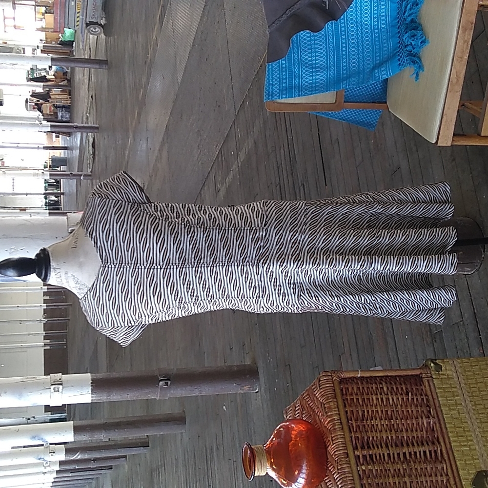 Sharagano black, beige, and white striped dress (size 12)